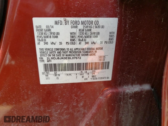 2014 Lincoln MKX with VIN 2LMDJ8JK0EBL07672, listed as a Copart auction lot 47762235 with 121,178 mi miles and Salvage Title. Bid and sale history available at DreamBid. Image 13.