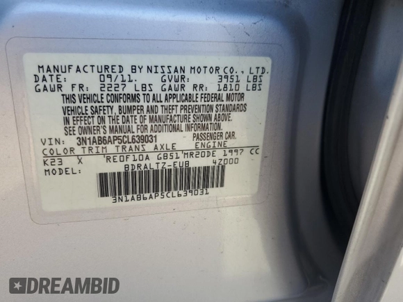 2012 Nissan Sentra S with VIN 3N1AB6AP5CL639031, listed as a Copart auction lot 45229395 with 99,835 mi miles and Salvage Title. Bid and sale history available at DreamBid. Image 13.
