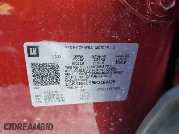 2021 GMC Acadia SLE with VIN 1GKKNKLS5MZ199328, listed as a Copart auction lot 44685295 with 34,622 mi miles and Salvage Title. Bid and sale history available at DreamBid. Image 13.