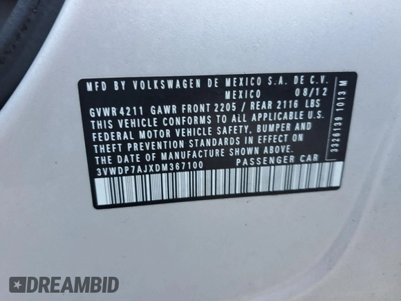 2013 Volkswagen Jetta SE with VIN 3VWDP7AJXDM367100, listed as a Copart auction lot 82292364 with 162,074 mi miles and Clean title. Bid and sale history available at DreamBid. Image 12.
