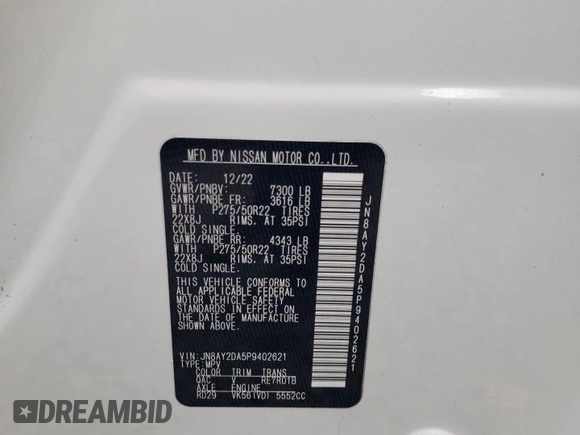 2023 Nissan Armada Platinum with VIN JN8AY2DA5P9402621, listed as a Copart auction lot 42639245 with 15,878 mi miles and Salvage Title. Bid and sale history available at carsss.com. Image 14.