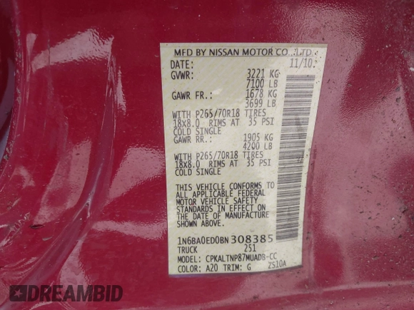 2011 Nissan Titan SV with VIN 1N6BA0ED0BN308385, listed as a IAAI auction lot 41681034 with 184,681 mi miles and . Bid and sale history available at DreamBid. Image 9.