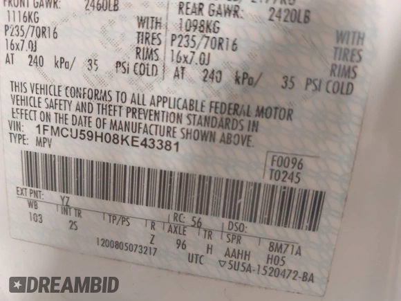2008 Ford Escape Hybrid с VIN 1FMCU59H08KE43381, выставлен на аукционе IAAI как лот 42136949 с пробегом 231 000 миль миль и . История ставок и продаж доступна на DreamBid. Изображение 9.
