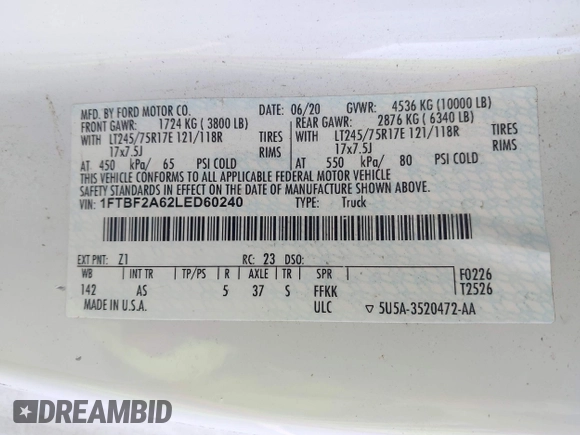 2020 Ford F-250 XL with VIN 1FTBF2A62LED60240, listed as a IAAI auction lot 41842598 with 209,249 mi miles and . Bid and sale history available at DreamBid. Image 9.