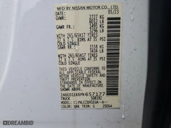 2023 Nissan Frontier PRO-4X with VIN 1N6ED1EK6PN657177, listed as a Copart auction lot 52156285 with 27,115 mi miles and Salvage Title. Bid and sale history available at carsss.com. Image 12.