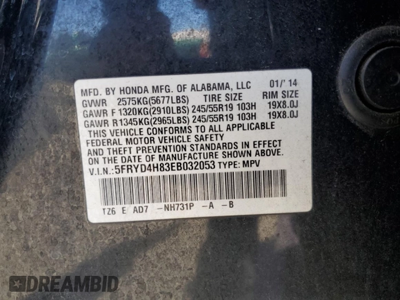 2014 Acura MDX Advance with VIN 5FRYD4H83EB032053, listed as a Copart auction lot 56803255 with Not provided miles and Salvage title. Bid and sale history available at DreamBid. Image 13.