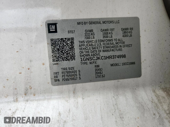 2017 Chevrolet Suburban Premier with VIN 1GNSCJKC1HR374998, listed as a Copart auction lot 60498905 with 240,652 mi miles and Salvage title. Bid and sale history available at DreamBid. Image 13.