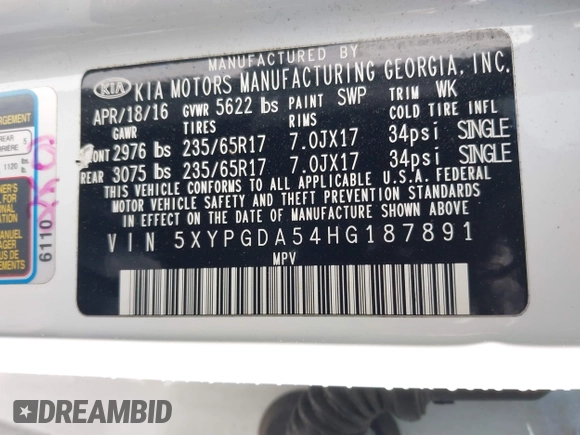 2017 Kia Sorento LX with VIN 5XYPGDA54HG187891, listed as a IAAI auction lot 42122755 with 143,131 mi miles and . Bid and sale history available at carsss.com. Image 9.
