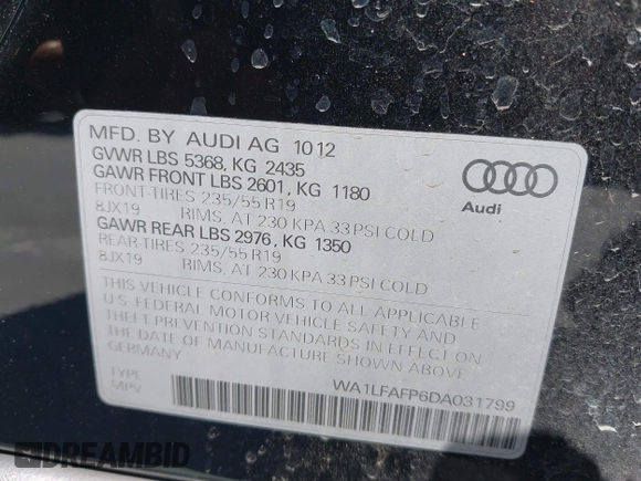 2013 Audi Q5 Premium Plus with VIN WA1LFAFP6DA031799, listed as a IAAI auction lot 42472574 with 139,319 mi miles and . Bid and sale history available at DreamBid. Image 9.