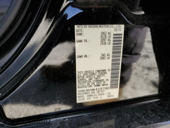 2021 Nissan Altima 2.5 SV with VIN 1N4BL4DV1MN419700, listed as a Copart auction lot 49407465 with 128,678 mi miles and Salvage Title. Bid and sale history available at carsss.com. Image 12.