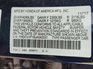 2018 Honda Accord Sedan LX 1.5T with VIN 1HGCV1F18JA042031, listed as a IAAI auction lot 41828316 with 130,864 mi miles. Bid and sale history available at carsss.com. Image 9.