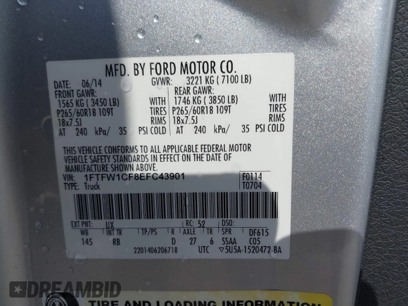 2014 Ford F-150 XL with VIN 1FTFW1CF8EFC43901, listed as a IAAI auction lot 42294761 with 165,289 mi miles and . Bid and sale history available at DreamBid. Image 9.