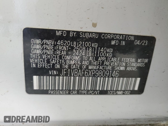 2023 Subaru WRX Premium with VIN JF1VBAF6XP9809146, listed as a Copart auction lot 62493765 with 31,390 mi miles and Salvage title. Bid and sale history available at DreamBid. Image 12.