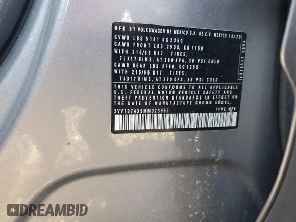 2021 Volkswagen Tiguan S with VIN 3VV1B7AX9MM023655, listed as a Copart auction lot 64159445 with 55,795 mi miles and Salvage title. Bid and sale history available at DreamBid. Image 12.