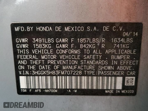 2015 Honda Fit EX-L with VIN 3HGGK5H83FM707228, listed as a Copart auction lot 50006055 with 97,573 mi miles and Salvage title. Bid and sale history available at DreamBid. Image 12.