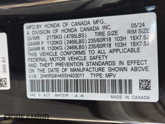 2025 Honda CR-V EX with VIN 2HKRS4H45SH403011, listed as a IAAI auction lot 41339787 with 5,526 mi miles and . Bid and sale history available at DreamBid. Image 9.