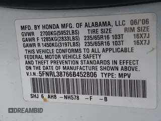 2006 Honda Odyssey EX-L z VIN 5FNRL38766B452806, wystawiony jako IAAI lot #41931830 z przebiegiem 133 822 mil mil oraz . Historia ofert i sprzedaży dostępna na DreamBid. Obrazek 9.