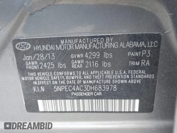 2013 Hyundai Sonata Limited with VIN 5NPEC4AC3DH683978, listed as a IAAI auction lot 42194847 with 138,995 mi miles and . Bid and sale history available at DreamBid. Image 9.