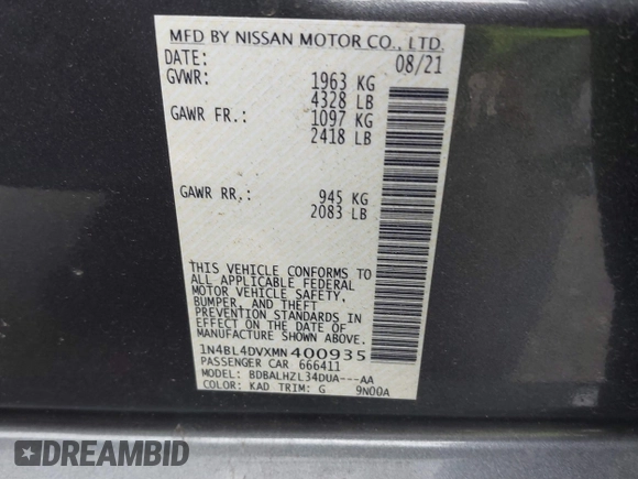 2021 Nissan Altima 2.5 SV with VIN 1N4BL4DVXMN400935, listed as a IAAI auction lot 39815848 with 42,693 mi miles. Bid and sale history available at carsss.com. Image 9.