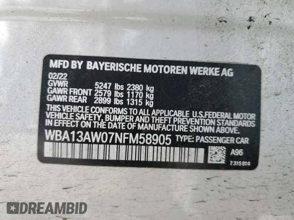 2022 BMW 4 Series M440i xDrive with VIN WBA13AW07NFM58905, listed as a Copart auction lot 60683905 with 18,664 mi miles and Salvage title. Bid and sale history available at DreamBid. Image 13.