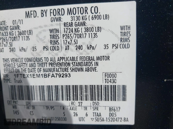 2011 Ford F-150 XL with VIN 1FTEX1EM1BFA79293, listed as a IAAI auction lot 41945057 with 281,513 mi miles. Bid and sale history available at carsss.com. Image 9.
