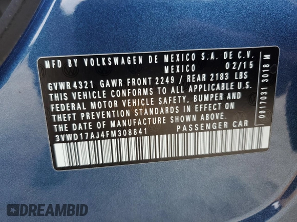 2015 Volkswagen Jetta SE with VIN 3VWD17AJ4FM308841, listed as a Copart auction lot 63437565 with 156,974 mi miles and Salvage title. Bid and sale history available at DreamBid. Image 13.