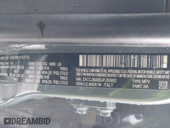 2018 Jeep Renegade Sport with VIN ZACCJBAB9JPJ50882, listed as a IAAI auction lot 41277886 with 59,081 mi miles and . Bid and sale history available at DreamBid. Image 9.