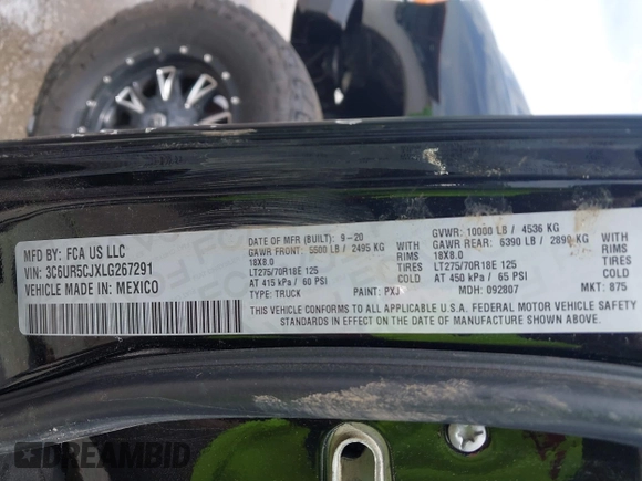 2020 Ram 2500 Tradesman with VIN 3C6UR5CJXLG267291, listed as a IAAI auction lot 42002310 with 89,706 mi miles and . Bid and sale history available at DreamBid. Image 9.