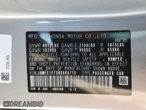 2022 Honda Civic EX with VIN JHMFE1F7XNX008710, listed as a Copart auction lot 62135565 with 42,517 mi miles and Salvage title. Bid and sale history available at DreamBid. Image 12.