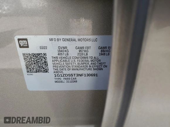 2022 Chevrolet Malibu LT with VIN 1G1ZD5ST3NF130691, listed as a Copart auction lot 52764645 with 83,026 mi miles and Salvage Title. Bid and sale history available at DreamBid. Image 14.