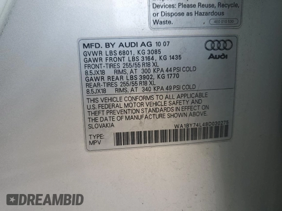 2008 Audi Q7 Premium with VIN WA1BY74L48D030275, listed as a Copart auction lot 62179715 with Not provided miles and Salvage title. Bid and sale history available at DreamBid. Image 13.