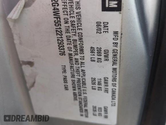 2002 Buick Regal GS с VIN 2G4WF551221293376, выставлен на аукционе Copart как лот 50914765 с пробегом Не указан миль и Списание • Salvage title. История ставок и продаж доступна на DreamBid. Изображение 13.