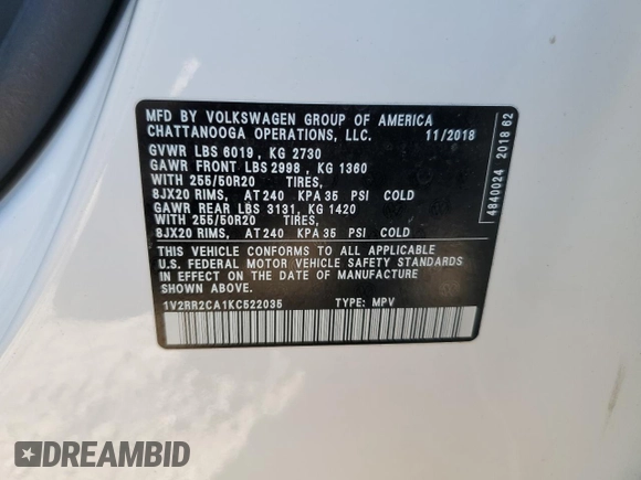 2019 Volkswagen Atlas SEL R-Line с VIN 1V2RR2CA1KC522035, выставлен на аукционе Copart как лот 46860645 с пробегом 43 569 миль миль и Списание • Salvage title. История ставок и продаж доступна на DreamBid. Изображение 13.