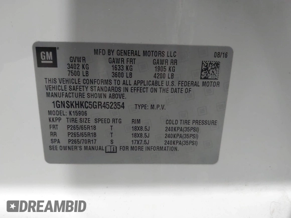 2016 Chevrolet Suburban LT with VIN 1GNSKHKC5GR452354, listed as a IAAI auction lot 42095900 with 109,220 mi miles and . Bid and sale history available at DreamBid. Image 9.