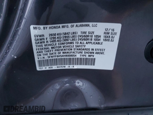 2017 Honda Pilot EX-L with VIN 5FNYF6H54HB008054, listed as a Copart auction lot 82758704 with 124,024 mi miles and Salvage Title. Bid and sale history available at DreamBid. Image 14.