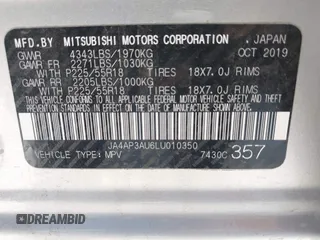 2020 Mitsubishi Outlander ES with VIN JA4AP3AU6LU010350, listed as a IAAI auction lot 42380682 with 95,259 mi miles and . Bid and sale history available at DreamBid. Image 9.
