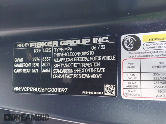 2023 Fisker Ocean One z VIN VCF1ZBU26PG001897, wystawiony jako IAAI lot #41428152 z przebiegiem 5333 mil mil oraz . Historia ofert i sprzedaży dostępna na DreamBid. Obrazek 9.