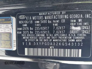 2019 Kia Sorento LX with VIN 5XYPGDA32KG543132, listed as a IAAI auction lot 41632828 with 91,152 mi miles and . Bid and sale history available at carsss.com. Image 9.