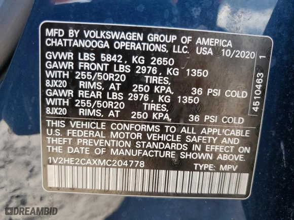 2021 Volkswagen Atlas Cross Sport 3.6L V6 SE w/Technology with VIN 1V2HE2CAXMC204778, listed as a Copart auction lot 74906404 with 53,597 mi miles and Salvage Title. Bid and sale history available at carsss.com. Image 13.