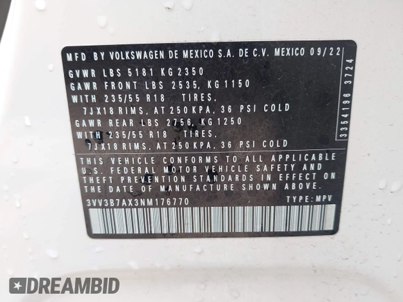 2022 Volkswagen Tiguan SE with VIN 3VV3B7AX3NM176770, listed as a IAAI auction lot 42114378 with 37,448 mi miles and . Bid and sale history available at DreamBid. Image 9.