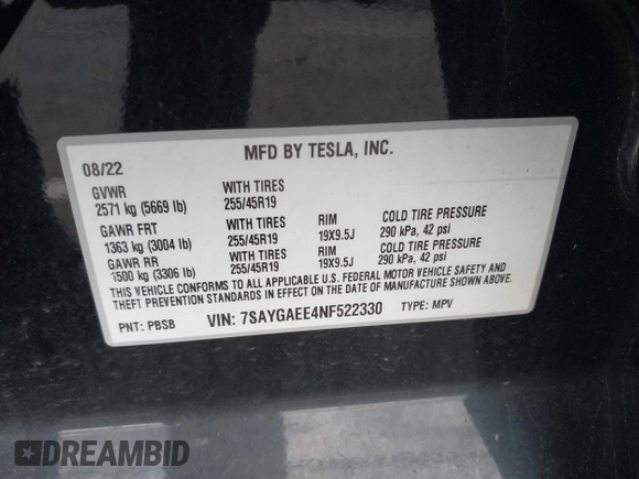 2022 Tesla Model Y Long Range with VIN 7SAYGAEE4NF522330, listed as a IAAI auction lot 42046691 with 59,980 mi miles and . Bid and sale history available at carsss.com. Image 9.