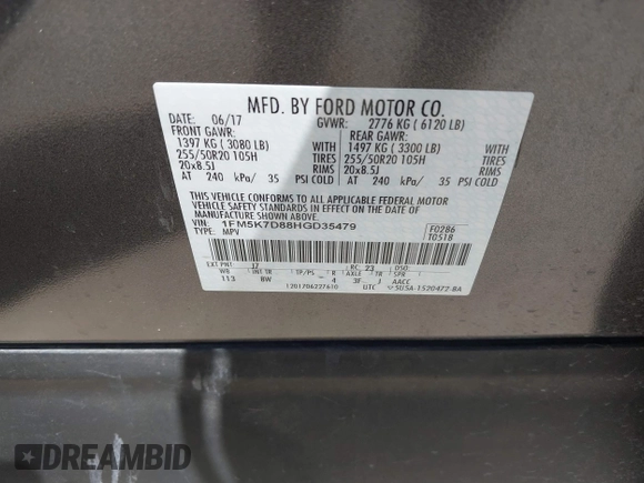 2017 Ford Explorer XLT with VIN 1FM5K7D88HGD35479, listed as a IAAI auction lot 41672936 with 76,414 mi miles and . Bid and sale history available at DreamBid. Image 9.