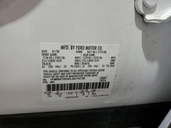 2020 Ford Explorer XLT with VIN 1FMSK7DHXLGC74728, listed as a Copart auction lot 50770525 with 47,751 mi miles and Salvage Title. Bid and sale history available at carsss.com. Image 16.