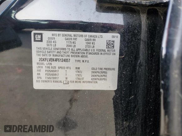 2015 GMC Terrain SLE z VIN 2GKFLVEK4F6124057, wystawiony jako Copart lot #53498885 z przebiegiem 139 481 mil mil oraz Nie do naprawy • Non repairable. Historia ofert i sprzedaży dostępna na DreamBid. Obrazek 15.