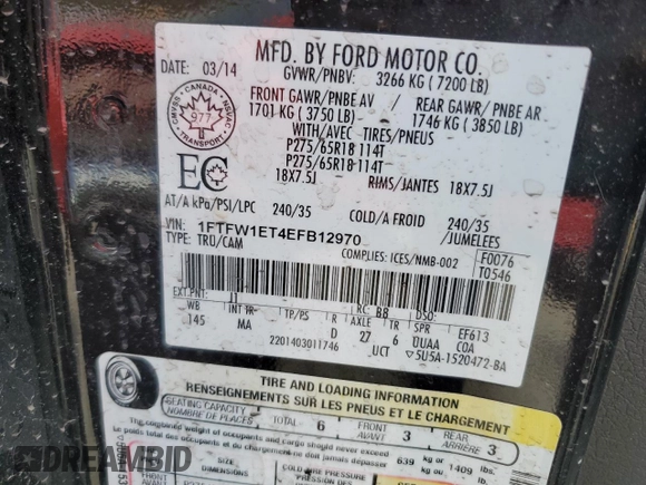 2014 Ford F-150 XL with VIN 1FTFW1ET4EFB12970, listed as a Copart auction lot 45602265 with 197,826 mi miles and Salvage Title. Bid and sale history available at DreamBid. Image 12.