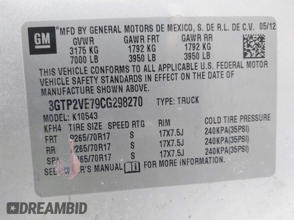 2012 GMC Sierra 1500 SLE with VIN 3GTP2VE79CG298270, listed as a IAAI auction lot 41781394 with 223,951 mi miles and . Bid and sale history available at DreamBid. Image 9.