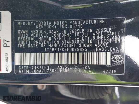2015 Toyota Camry XLE with VIN 4T1BF1FK7FU079685, listed as a IAAI auction lot 41998976 with 109,489 mi miles. Bid and sale history available at carsss.com. Image 9.