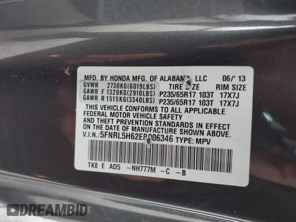 2014 Honda Odyssey EX-L with VIN 5FNRL5H62EB006346, listed as a IAAI auction lot 42061591 with 179,994 mi miles and . Bid and sale history available at DreamBid. Image 9.