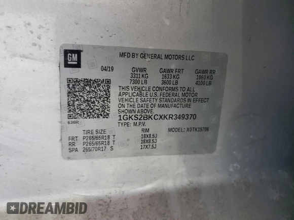 2019 GMC Yukon SLT with VIN 1GKS2BKCXKR349370, listed as a Copart auction lot 46880055 with 115,266 mi miles and Clean Title. Bid and sale history available at carsss.com. Image 13.
