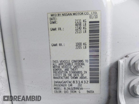 2010 Nissan Maxima SV with VIN 1N4AA5AP7AC831432, listed as a IAAI auction lot 41967258 with 180,822 mi miles and . Bid and sale history available at DreamBid. Image 9.